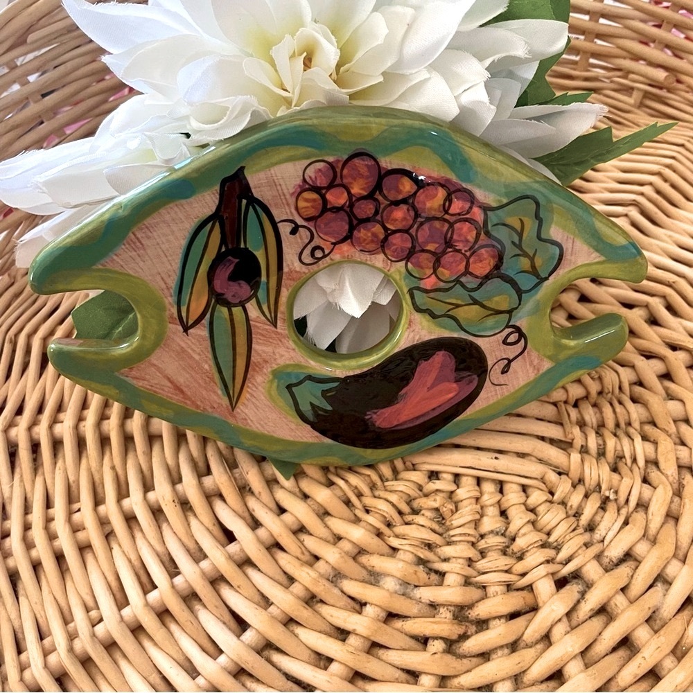 Handcrafted hand painted Wine Bottle and Glasses Holder grapes & veggies design